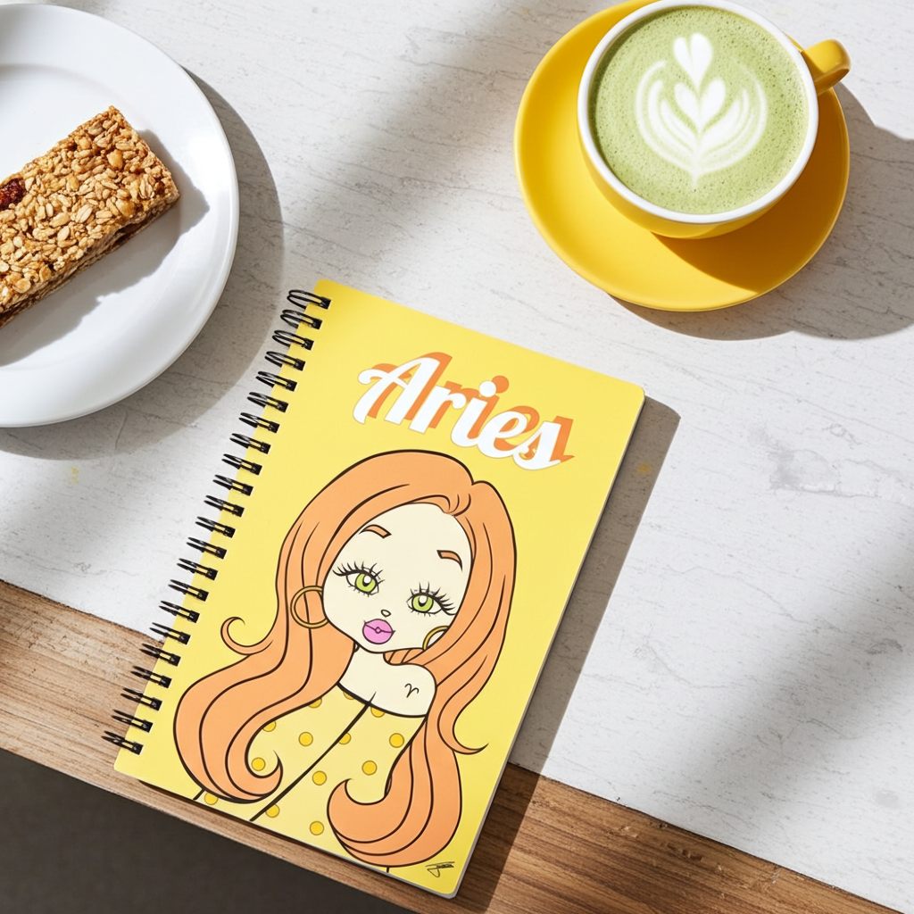 Notebook with an Aries character on a table with a cup of matcha and granola bar.