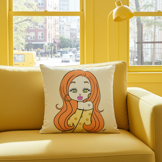 Decorative pillow with a cartoon character on a yellow couch in a bright room.