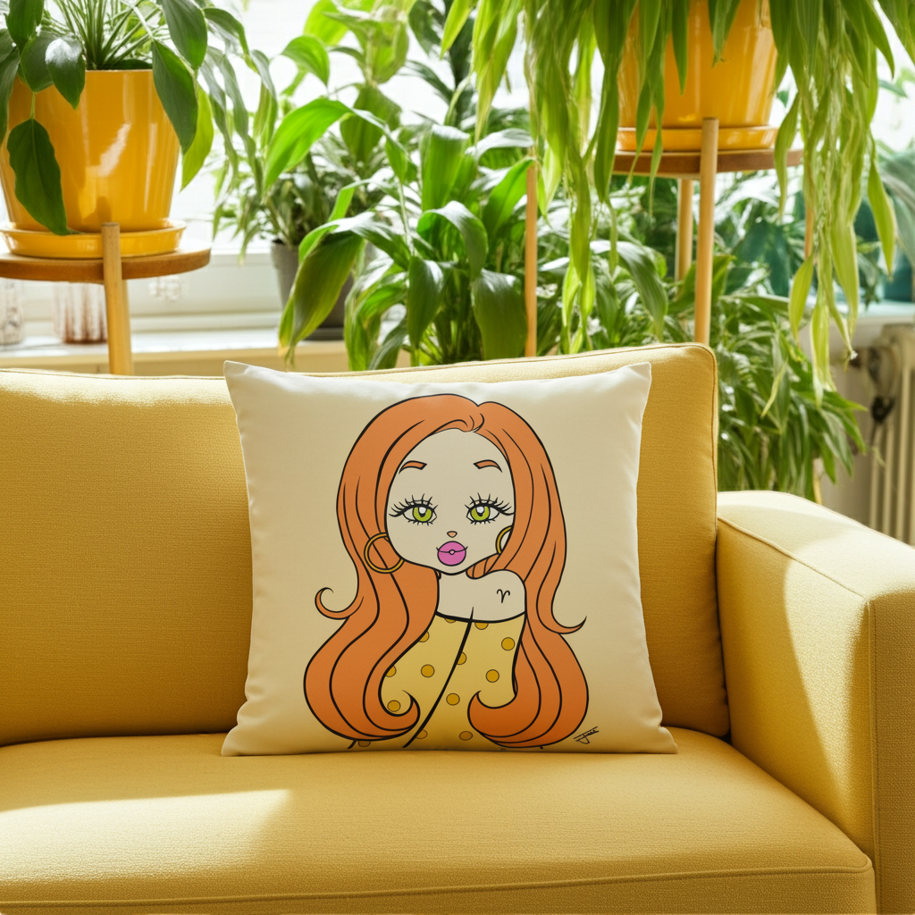 Decorative pillow with an Aries character on a yellow couch surrounded by plants