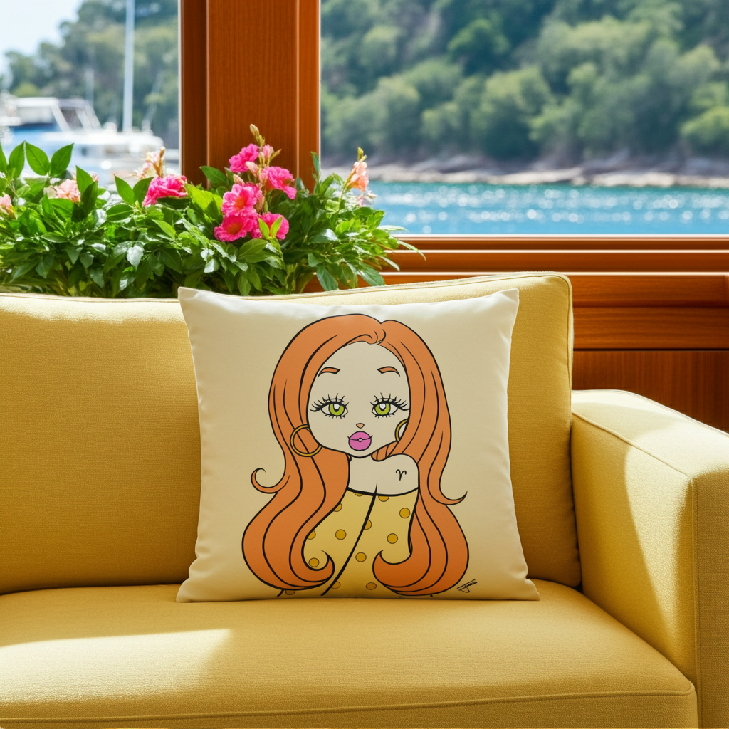 Decorative pillow with an Aries character on a yellow couch by a window with a view of water and greenery.