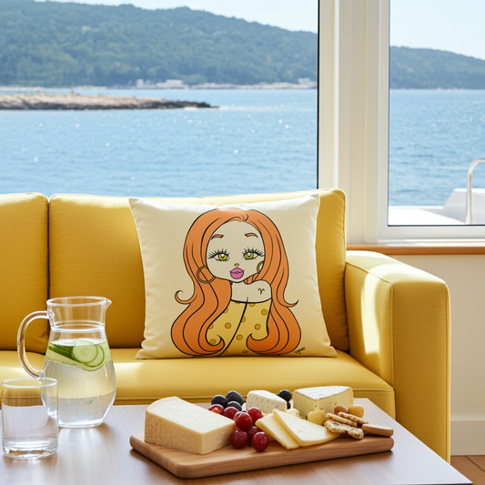 Yellow sofa with a decorative pillow featuring an Aries character, a platter of cheese and fruit on a table, and a view of water and mountains.