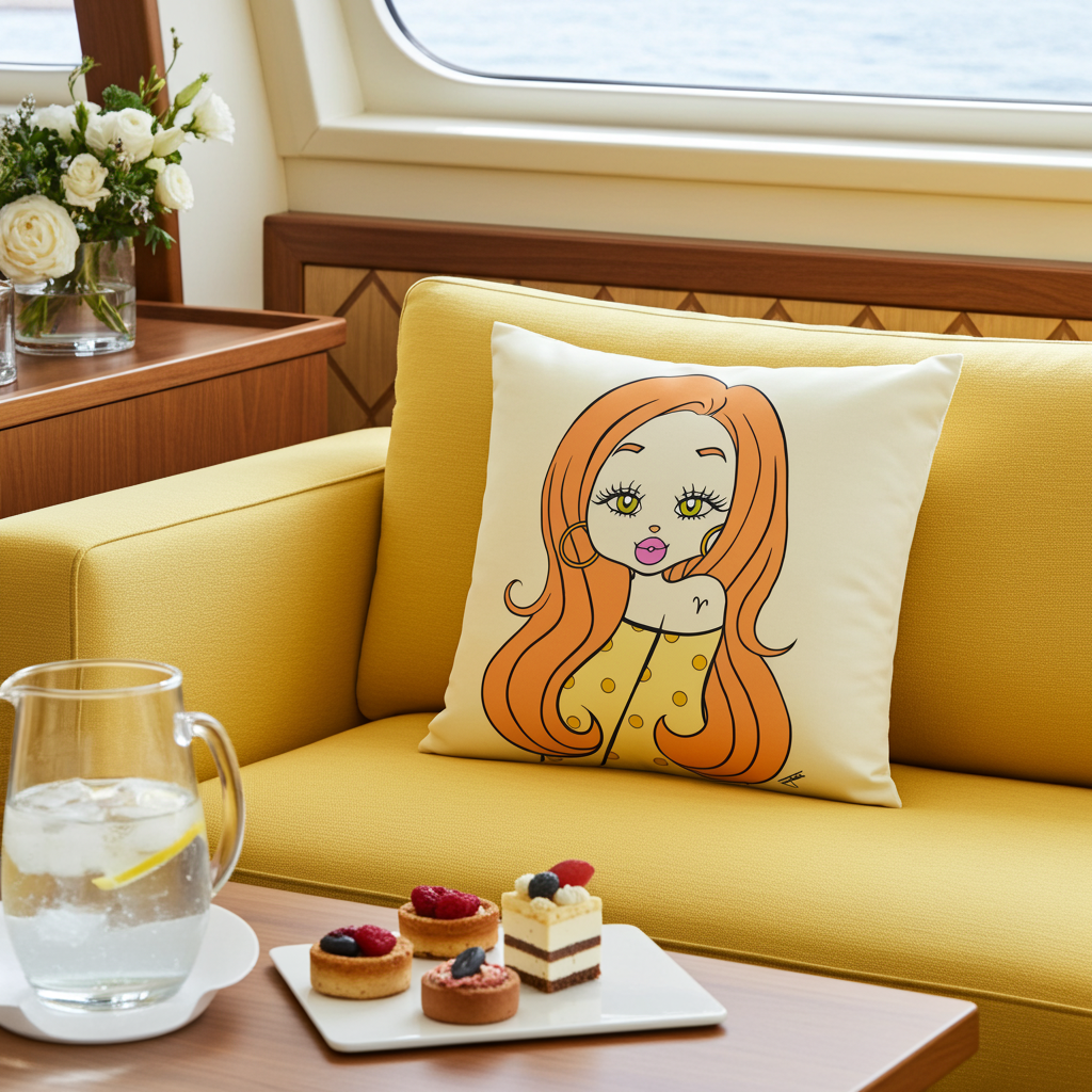 Yellow sofa with a decorative pillow featuring an Aries character, accompanied by a glass of water and small desserts on a table.
