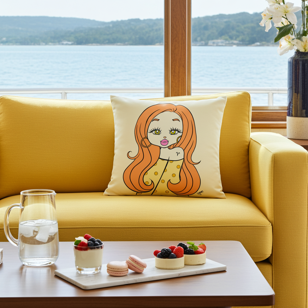 Yellow sofa with a decorative pillow featuring an Aries character, placed in a room with a large window view of water and trees.
