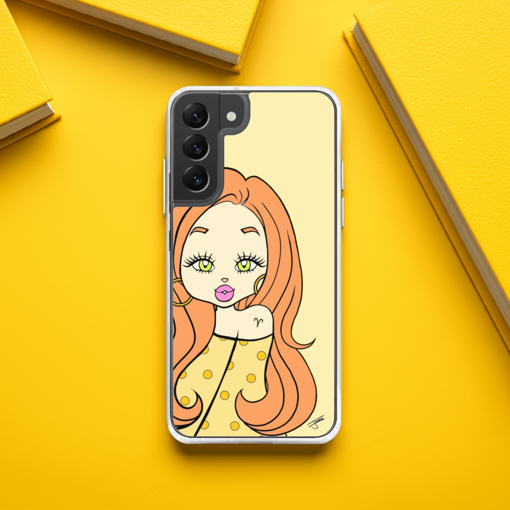 A Samsung Galaxy phone case by Shopimmis.com with an Aries character on a yellow desk with yellow books.