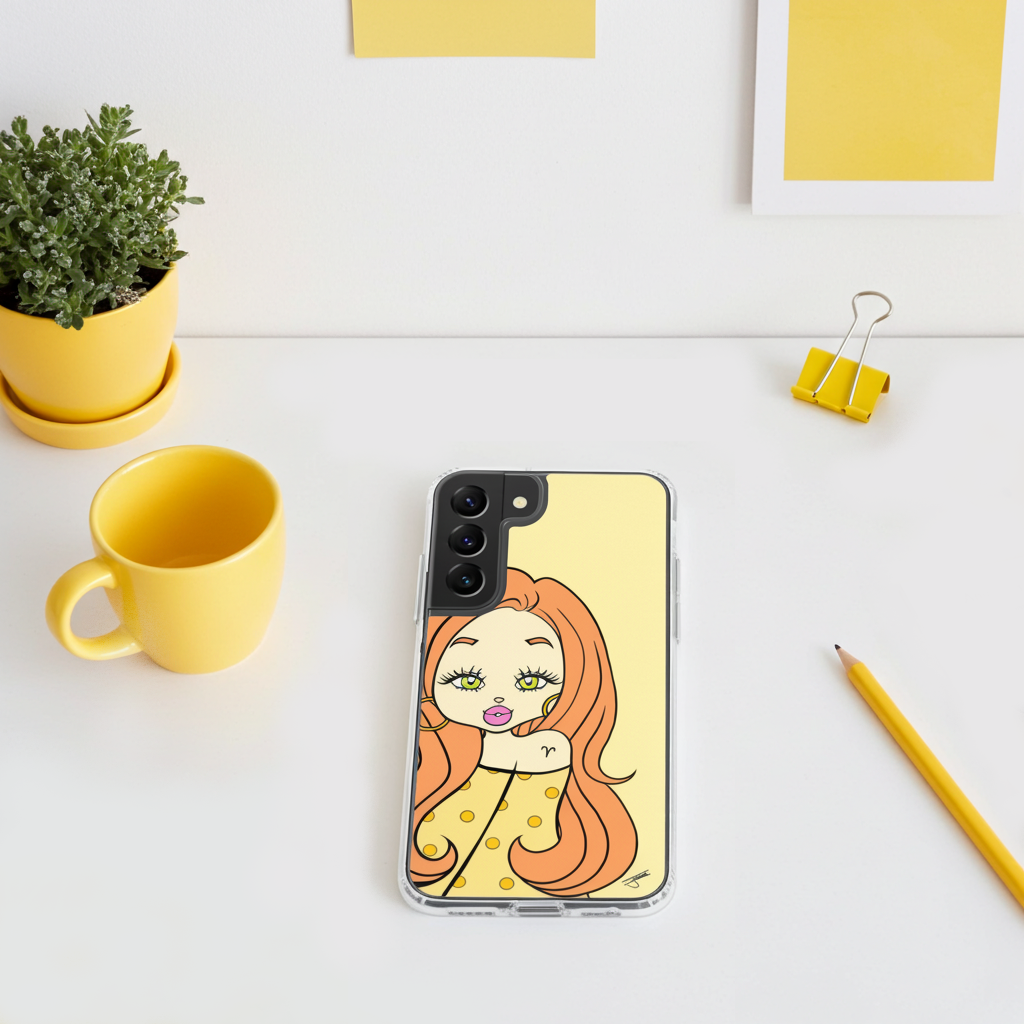 Phone case with a design of an Aries with a yellow mug and plant.