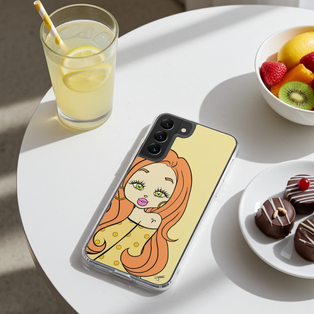 Phone case with an Aries design on a table with lemonade and fruit.