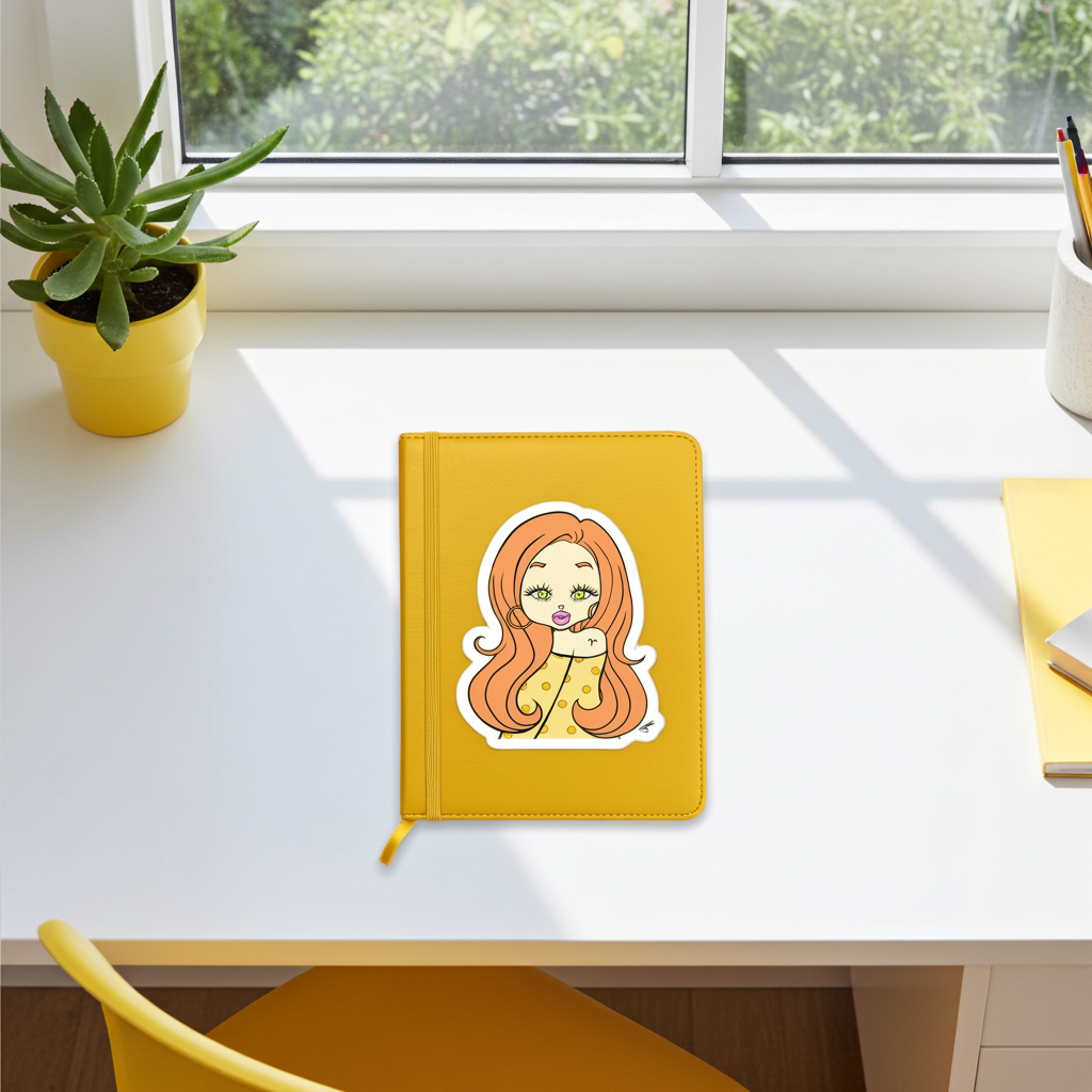 Yellow notebook with an Aries character on a white desk with a plant and window in the background