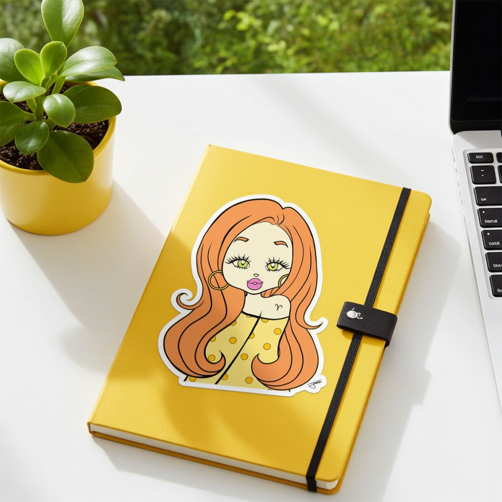 Yellow notebook with an Aries character sticker on a white surface with a plant and laptop in the background