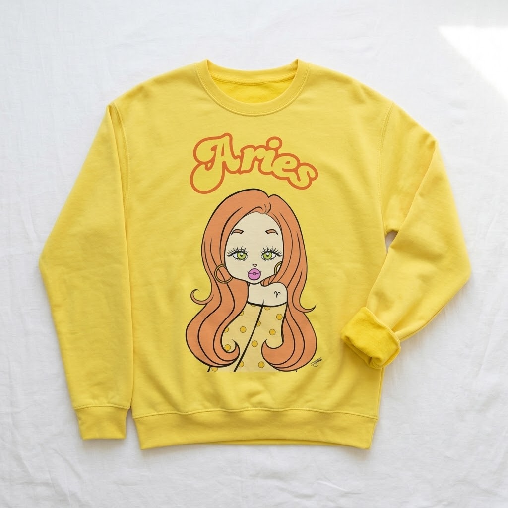 A yellow crewneck sweatshirt featuring a cartoon graphic of a woman with long orange hair and the word 'Aries' in orange script above her, laid flat on a white fabric background.