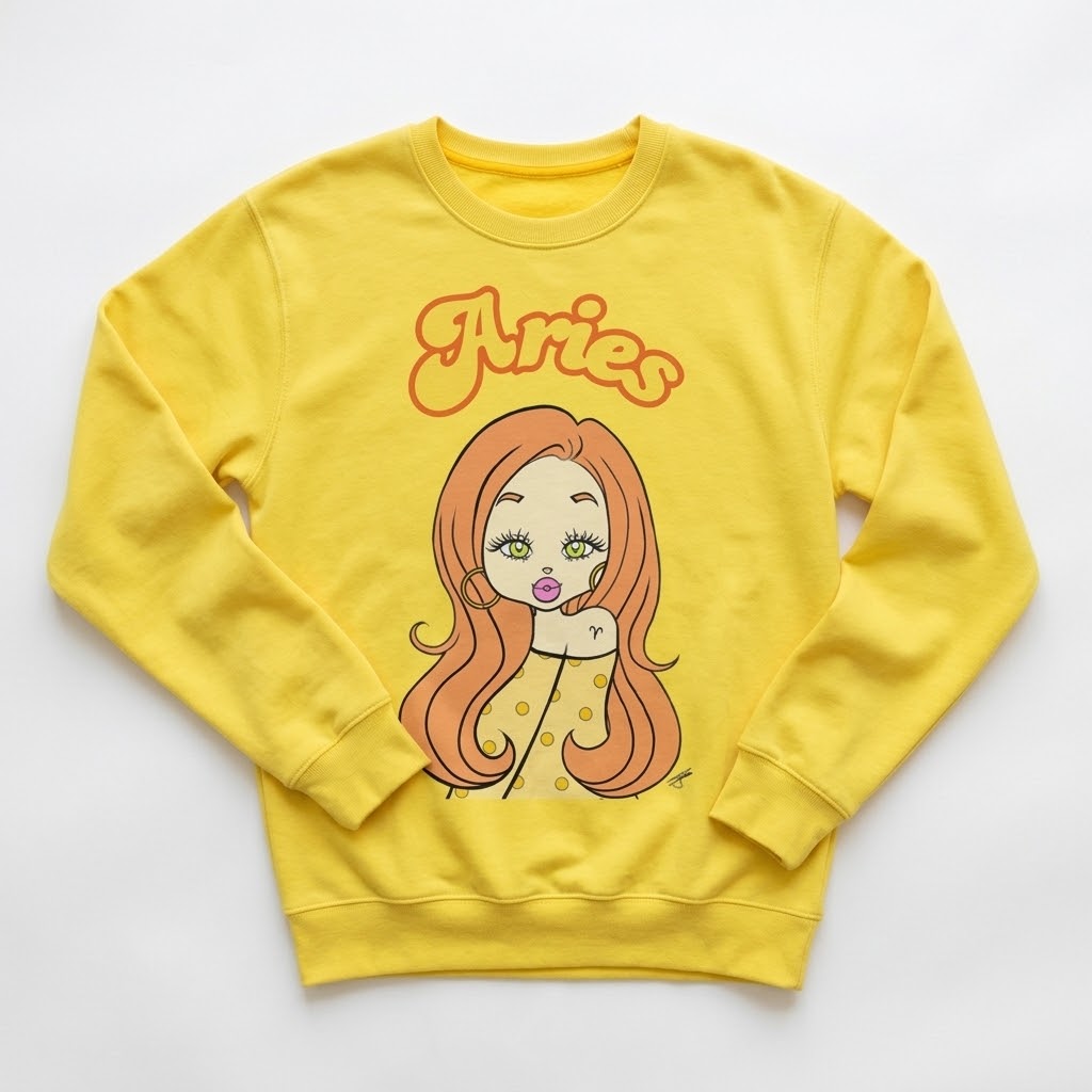 A yellow crewneck sweatshirt featuring a cartoon illustration of a woman with long orange hair and the word 'Aries' in orange script above her, displayed flat against a white background.