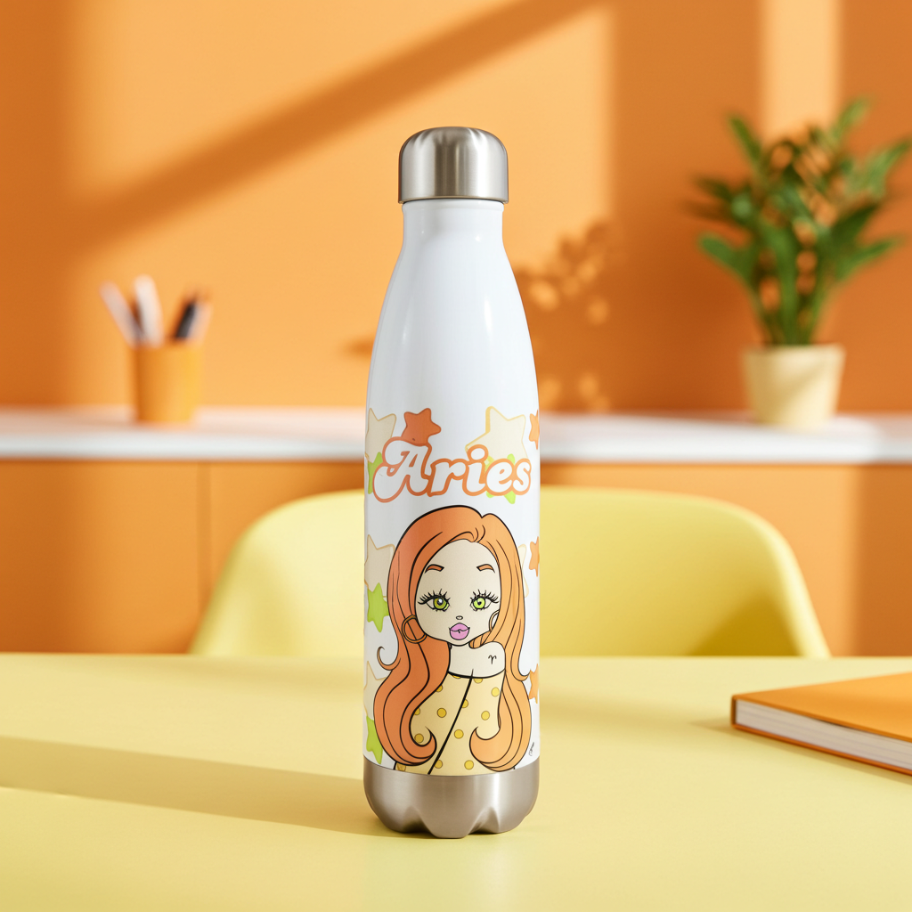 White water bottle with Aries zodiac design on a yellow table with an orange wall background