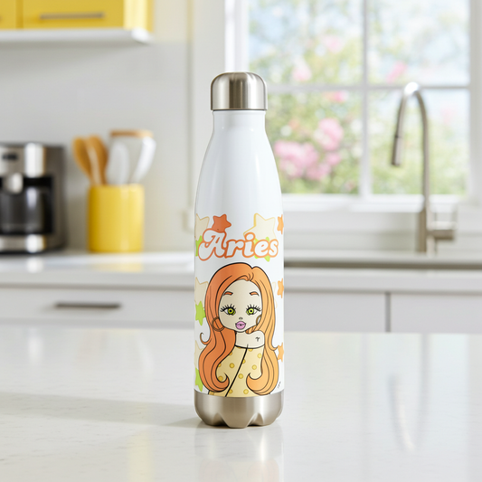 Thermos bottle with Aries zodiac design on a kitchen counter