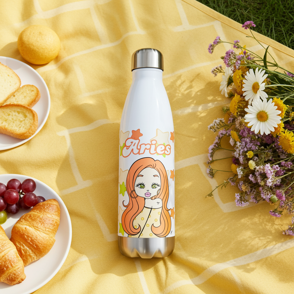Thermos bottle with an Aries character design on a yellow blanket with food and flowers