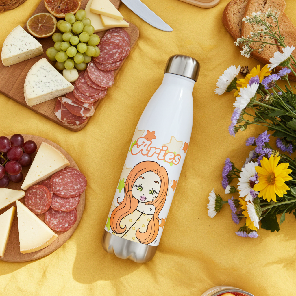 Thermos bottle with 'Aries' design on a yellow surface with charcuterie board and flowers
