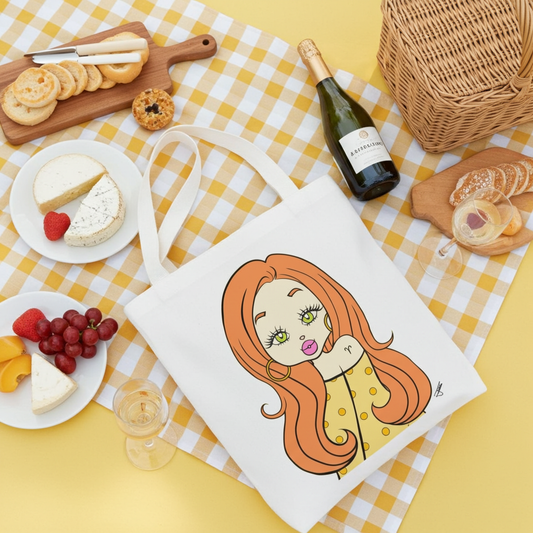White tote bag with a colorful illustration of a woman on a yellow checkered tablecloth with picnic items.