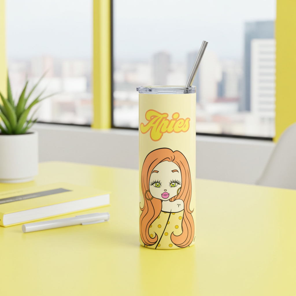 Tumbler with an Aries character design and 'Aries' text on a yellow surface with a cityscape background