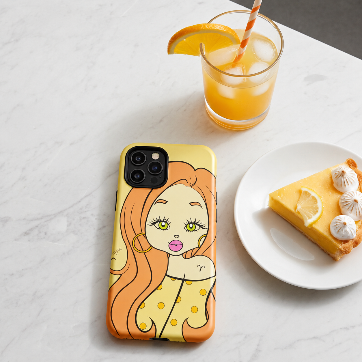 A phone case featuring a cartoon-style illustration of a woman with long orange hair and green eyes, placed on a white marble surface next to an orange drink and a slice of lemon meringue pie.