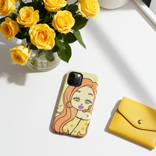 Phone case with an Aries character design and a vase of yellow roses on a white surface.