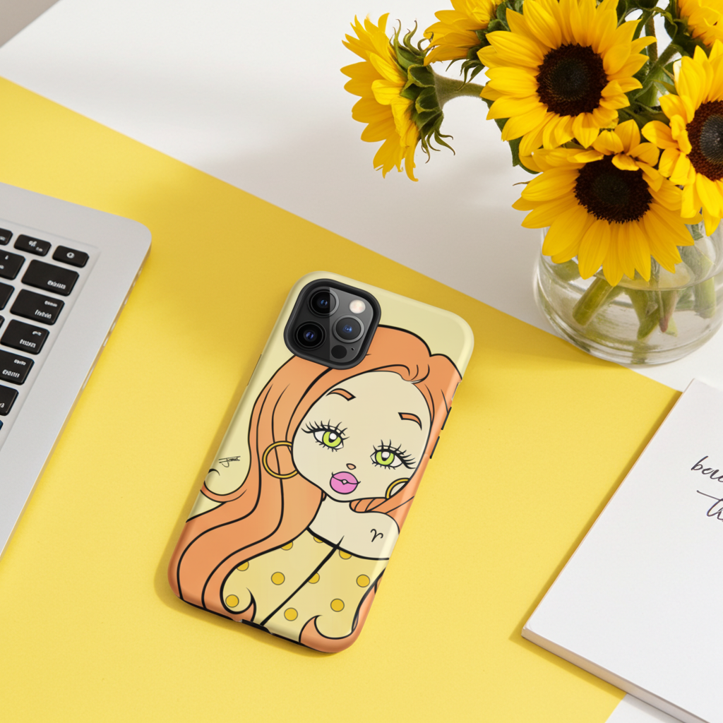 Phone case with an Aries design on a yellow surface with sunflowers