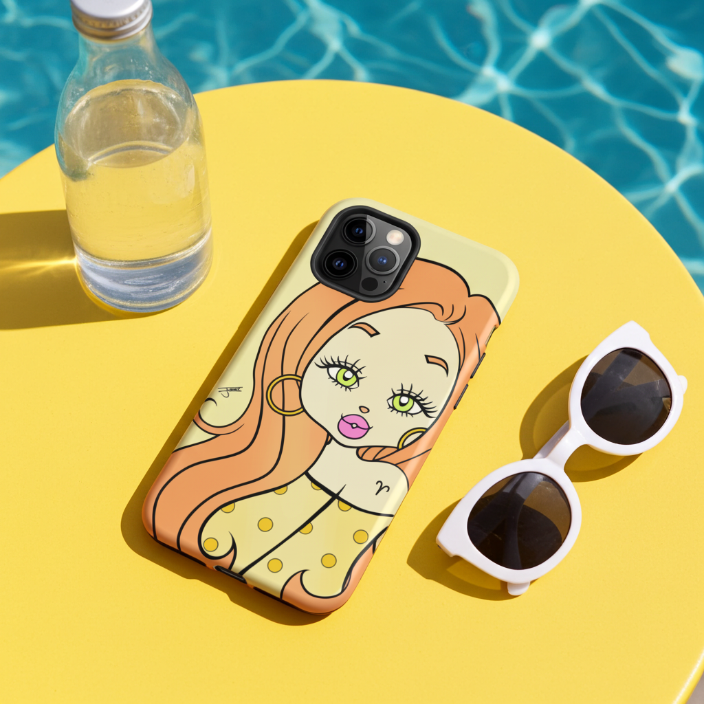 Phone case with an Aries character design of a woman's face on a yellow table by a pool.