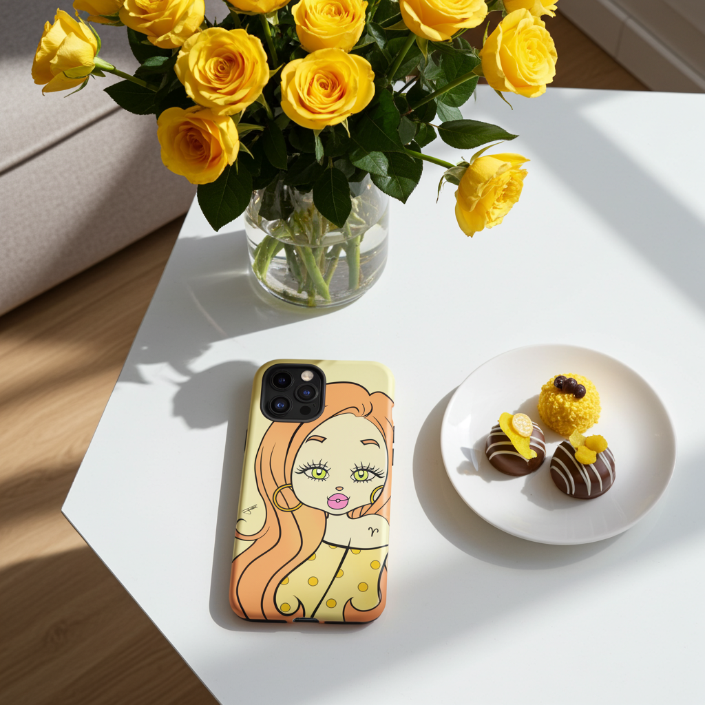 Phone case with an Aries character design on a table with yellow roses and pastries.