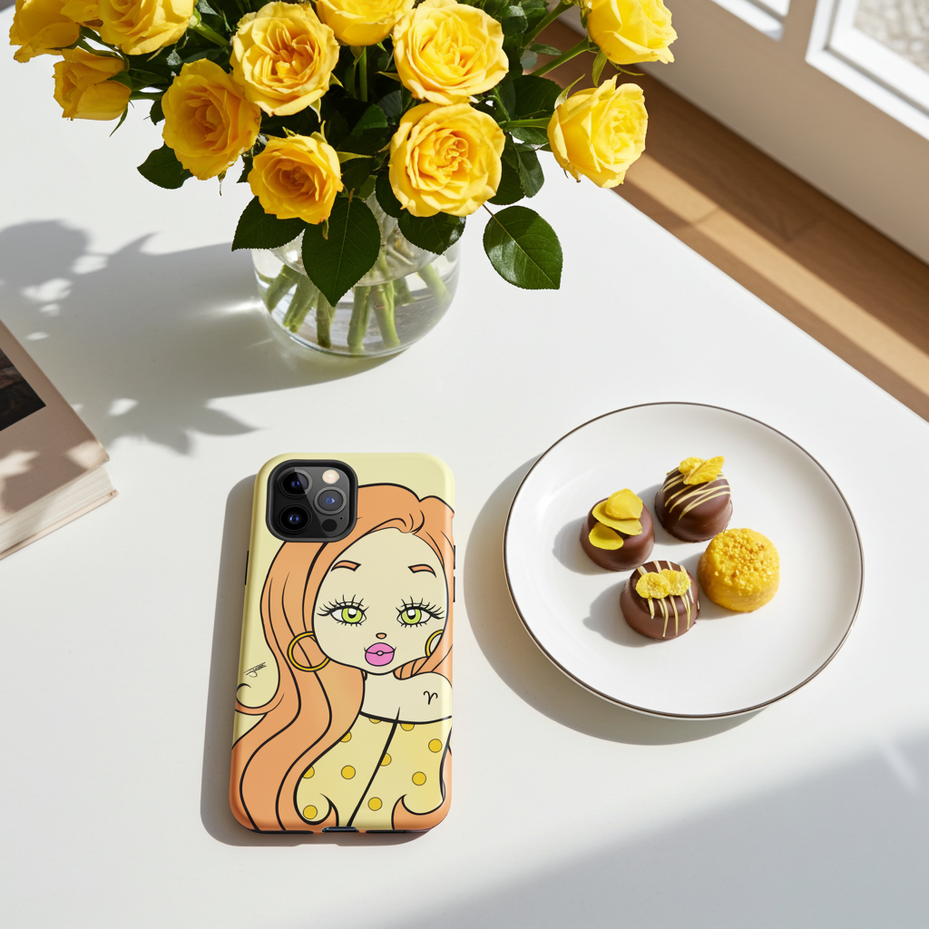 Phone case with an Aries character design on a table with yellow roses and desserts.