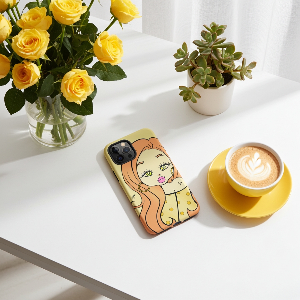 Phone case with an Aries character cartoon on a table with flowers and a cup of coffee.