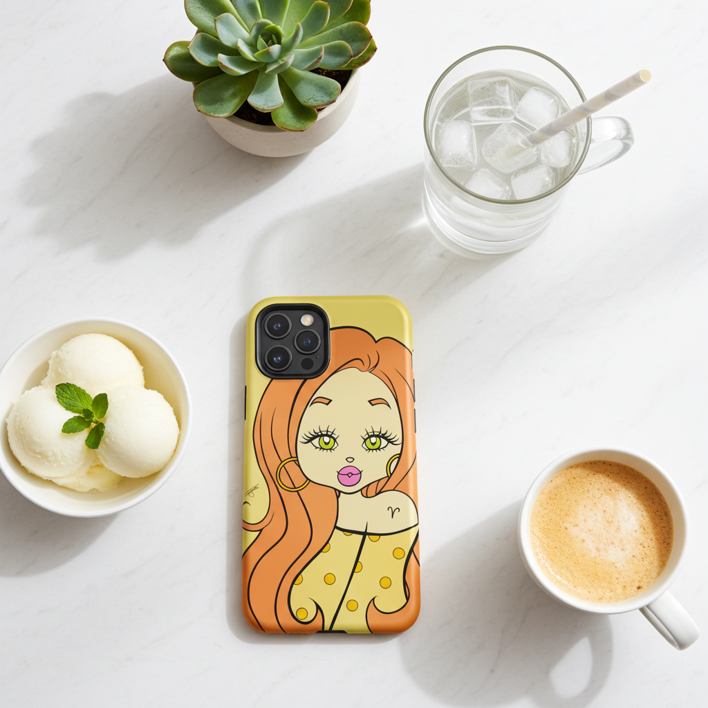 An iphone case with an Aries character design. The case is photographed in a styled flat-lay on a white marble surface, surrounded by a small potted succulent, a glass of water, ice cream, and a cup of coffee.