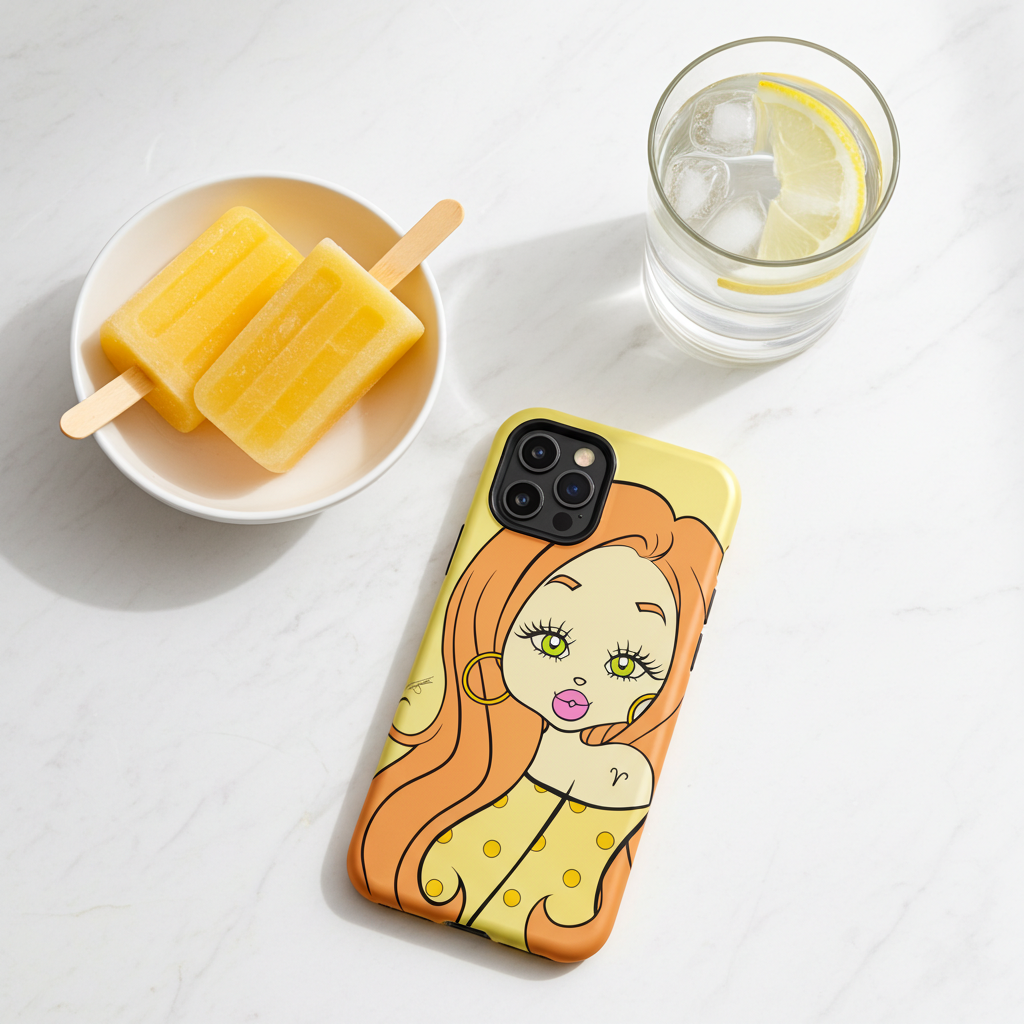 A phone case featuring an Aries character design, styled on a white marble surface next to a bowl of popsicles and a glass of water with a lemon slice.