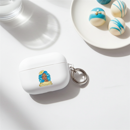 White air pod case with a Cancerian character design.