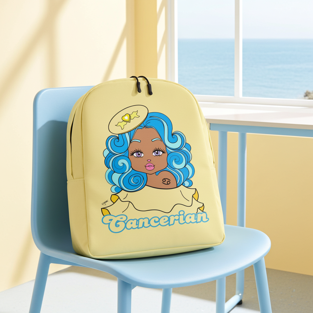 Yellow backpack with a cartoon design of a woman with blue hair and 'Cancerian' text on a blue chair.