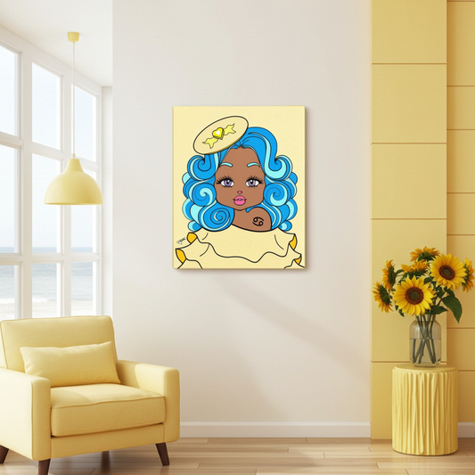 Canvas print of a stylized Cancerian character with blue hair in a modern living room.