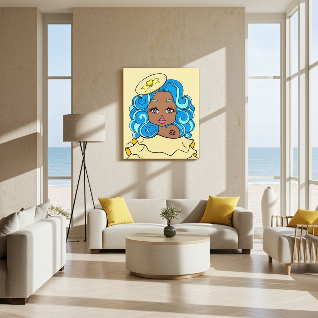 Modern living room with a large abstract painting of a Cancerian woman with blue hair on the wall.