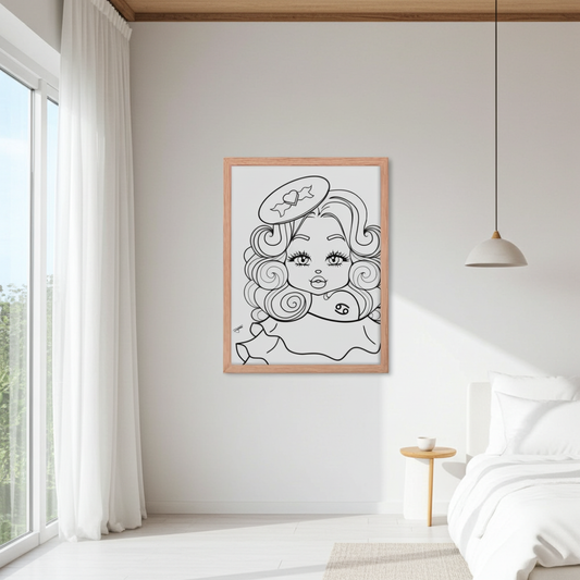 Framed line art of a Cancerian Poster on a wall in a bedroom.