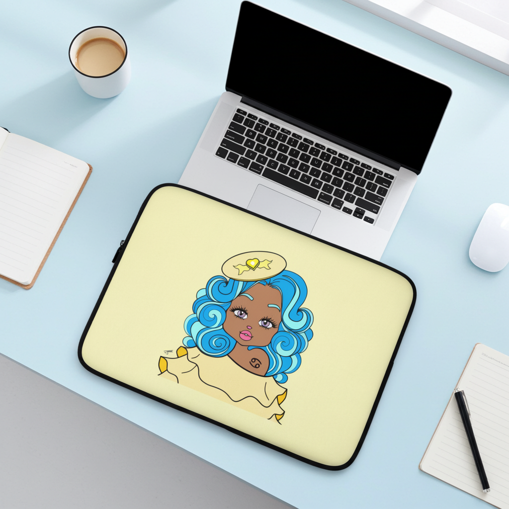 Laptop sleeve with a Cancerian character with blue hair on an office desk.