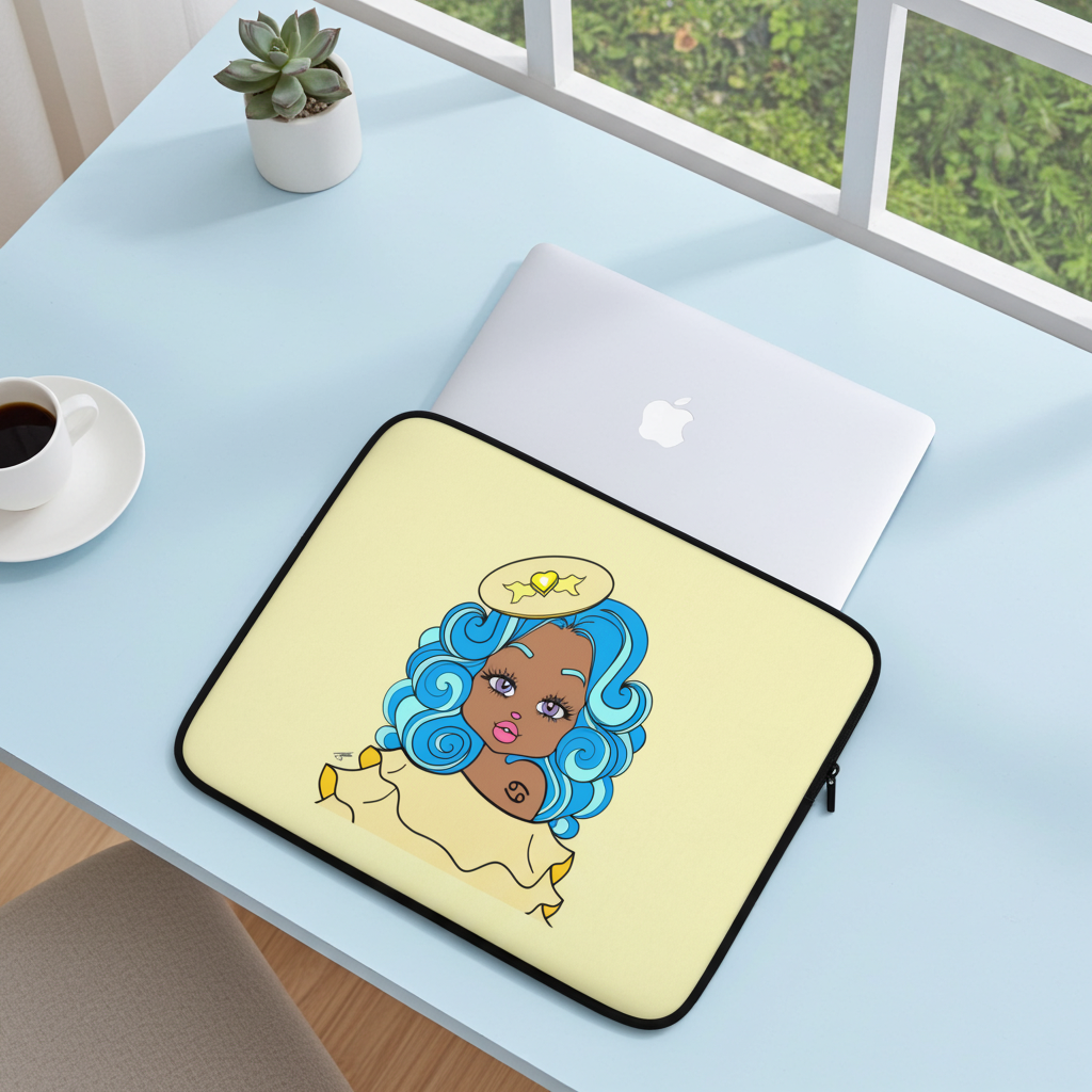 Laptop sleeve with a Cancerian character with blue hair on an office desk.