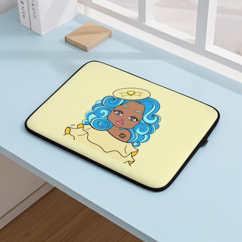 Laptop sleeve with a Cancerian character with blue hair on an office desk.