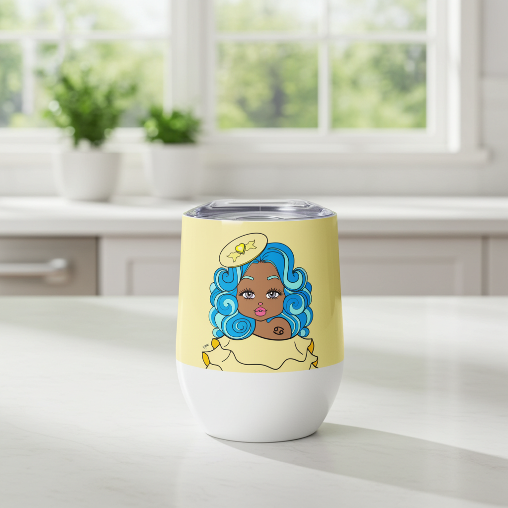 Tumbler with a colorful design of a Cancerian character with blue hair on a yellow background, placed on a white surface.