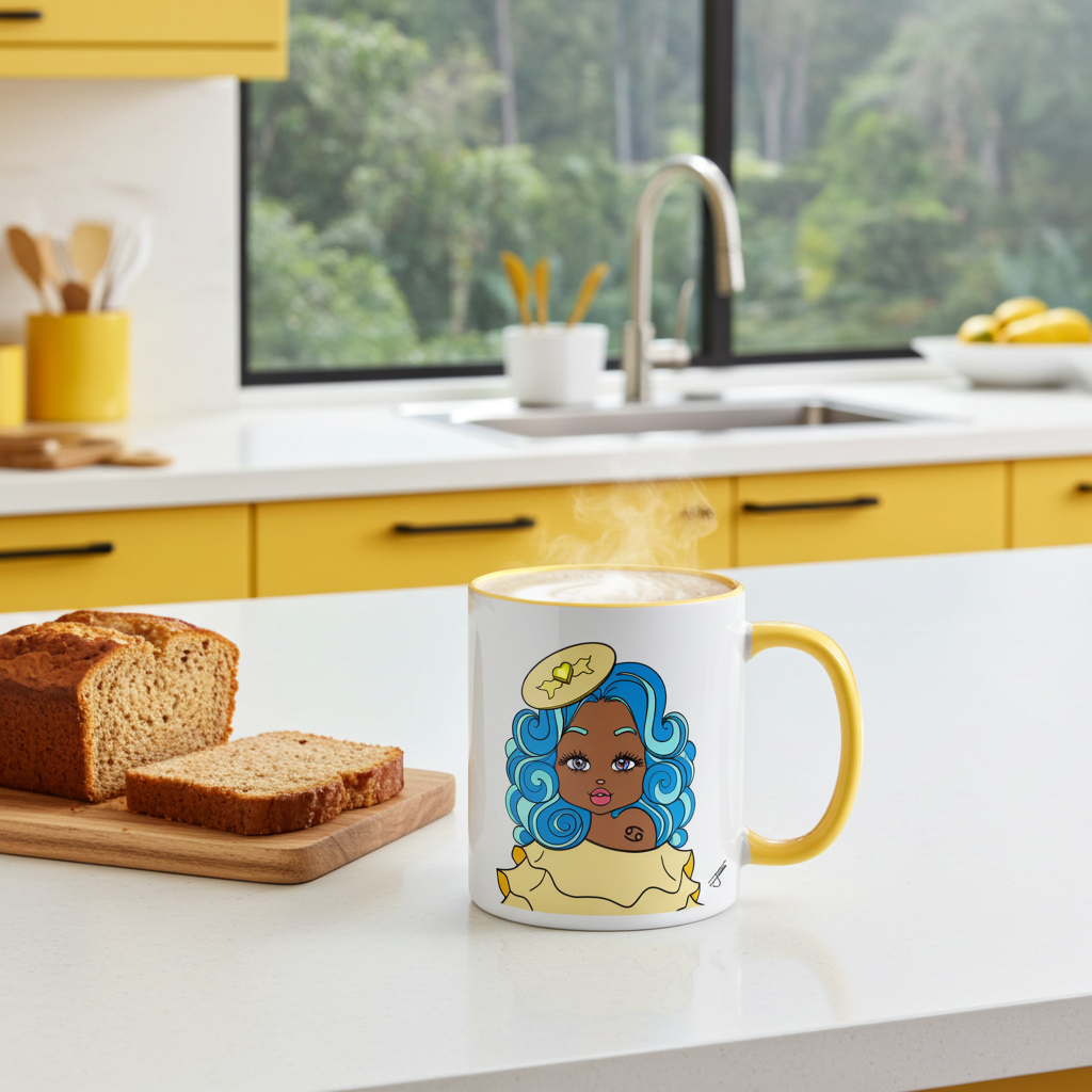Mug with a cancerian character on a kitchen counter with bread and fruit.