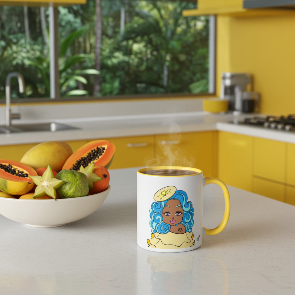 Mug with a cancerian character on a kitchen counter next to a bowl of fruit