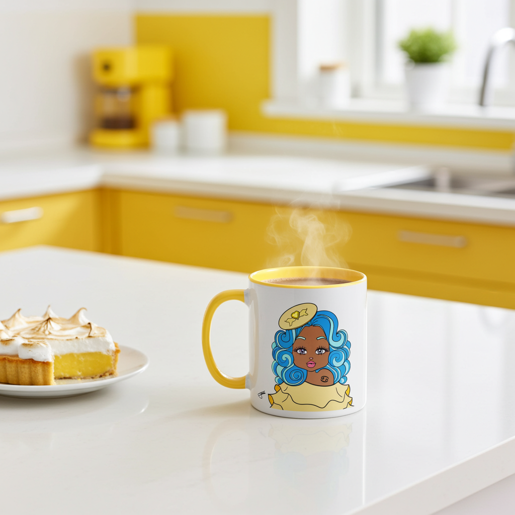 Mug with a cancerian character design on a kitchen counter with a pie.