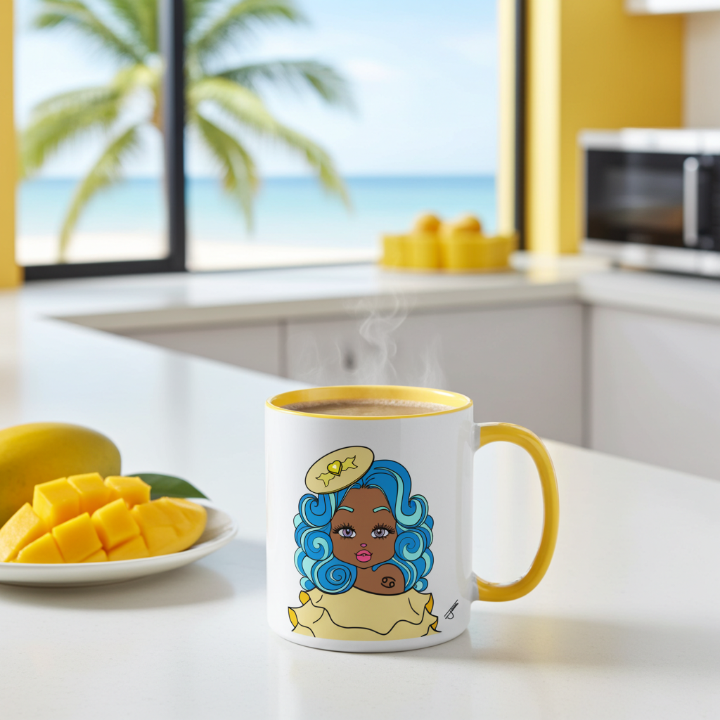 Mug with a colorful cancerian character on a kitchen counter with mangoes and a window view.