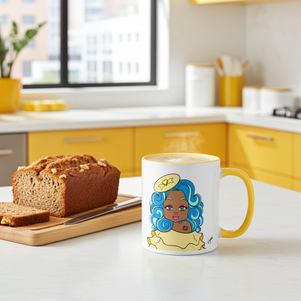 Mug with a design of a cancerian character woman with blue hair on a kitchen counter with bread.