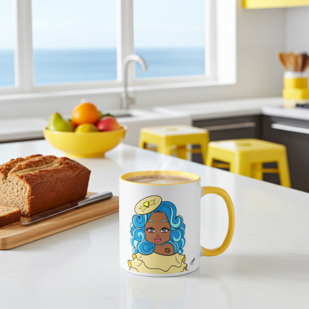 Mug with a cancerian design of a woman with blue hair on a kitchen counter. 