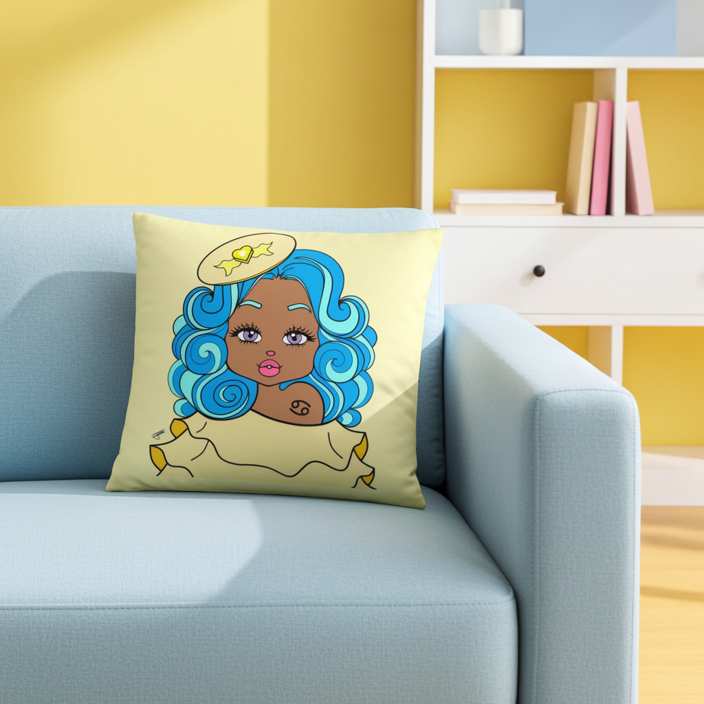 Decorative pillow with a colorful illustration of a woman with blue hair on a light blue couch.