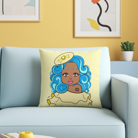 Decorative pillow with a cartoon character on a light blue sofa against a yellow wall.