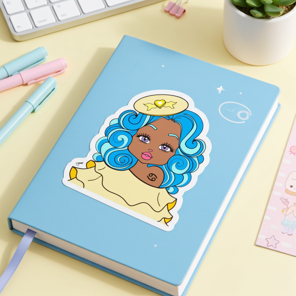 Notebook with a sticker of a Cancerian character with blue hair on a yellow desk.
