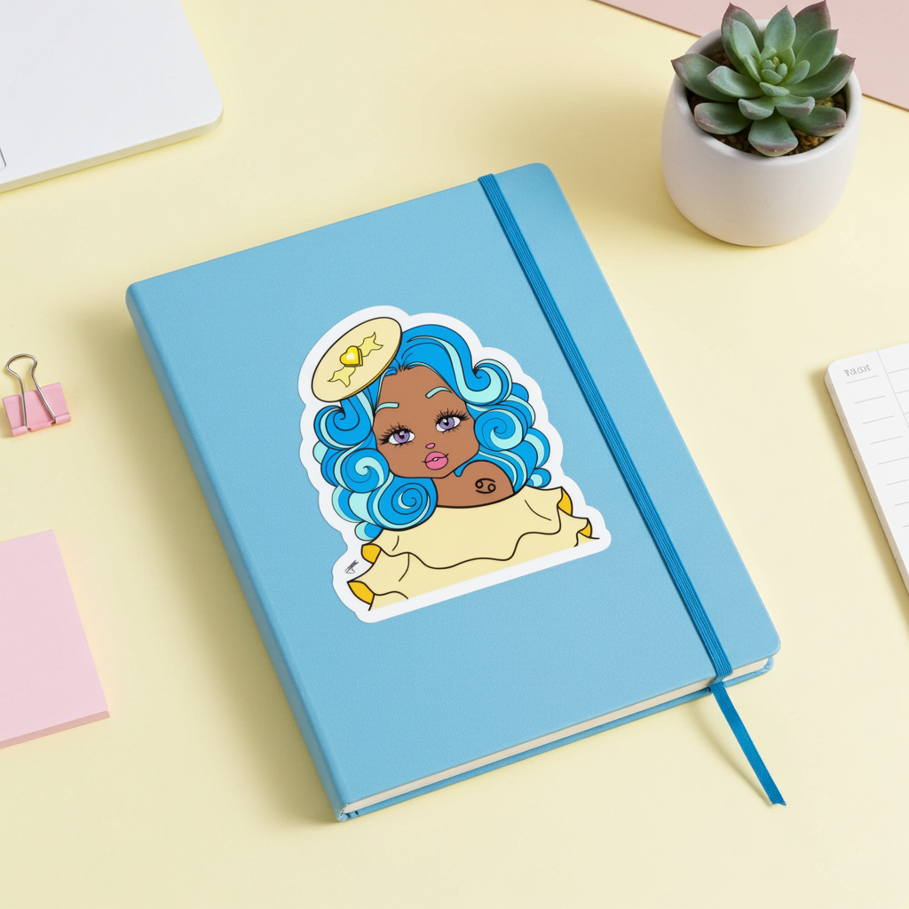 Blue notebook with a sticker of a Cancerian character on a yellow surface with office supplies.