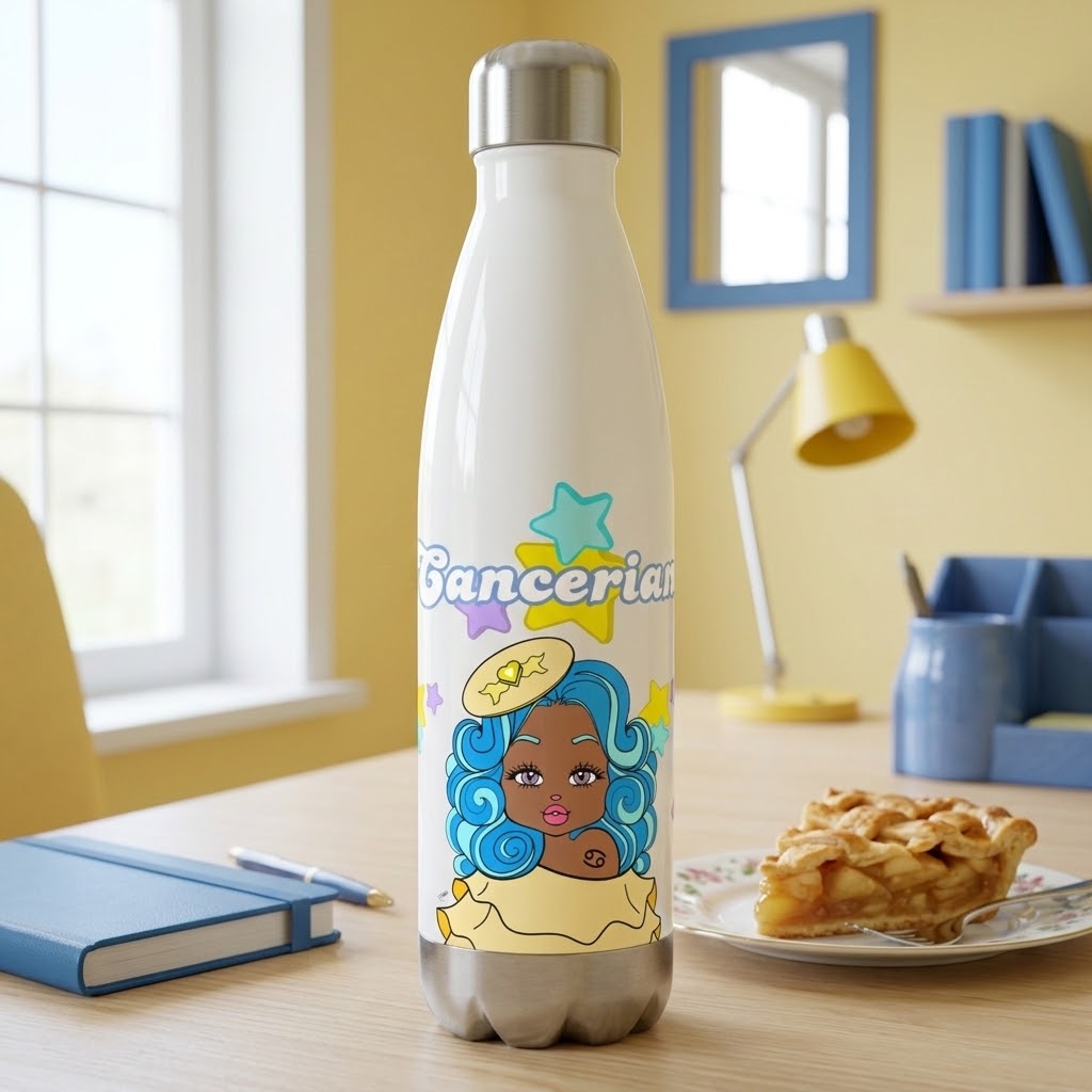 A white insulated water bottle with a silver cap stands on a wooden desk in a bright room. The bottle features a colorful cartoon illustration of a woman with blue hair and the word 'Cancerian' printed on the front.