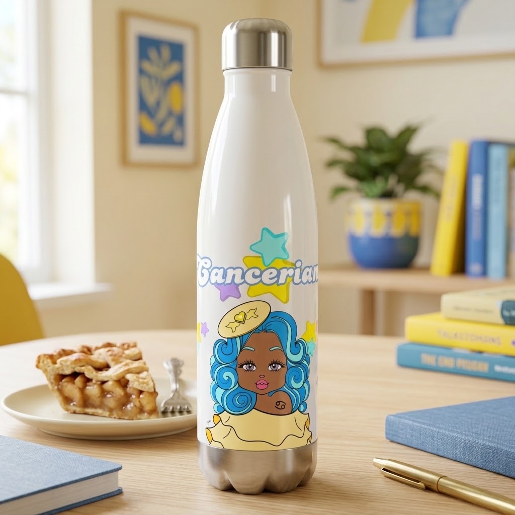 A white insulated water bottle with a silver cap stands on a wooden table in a bright, real room. The bottle has a colorful cartoon-style illustration of a woman with blue hair and the word 'Bancerian' printed on the front.
